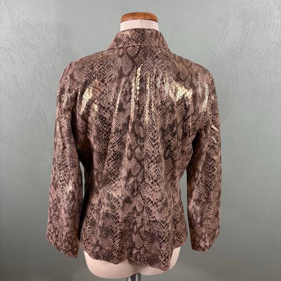 Chico's Women's Size 1 Medium Gold Metallic Luxe Snakeskin Ruched Ruffle Jacket - Picture 2 of 12